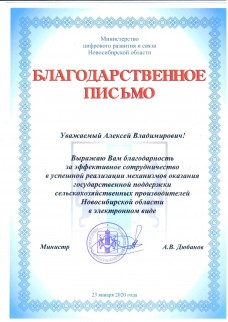 Благодарность за эффективное сотрудничество от Министерства цифрового развития и связи Новосибирской области